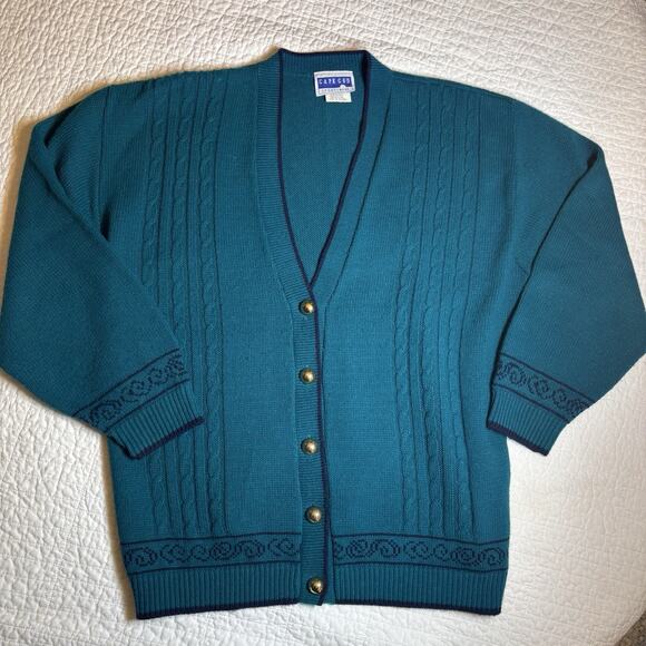 VTG 80/90s Cape Cod Sportswear Teal Knit Cardigan Sweater Womans M Gold Buttons - Picture 1 of 8